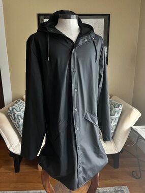 RAINS Long Jacket Lightweight Waterproof Black w/Snaps Unisex
